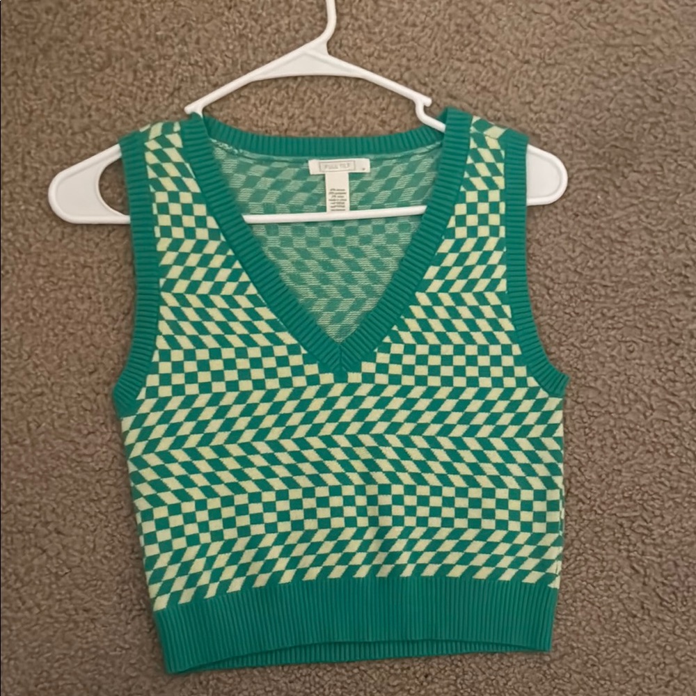 Green Checkered Knit Tank Top